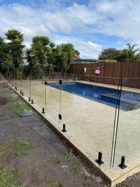 Glass pool fencing with palm trees